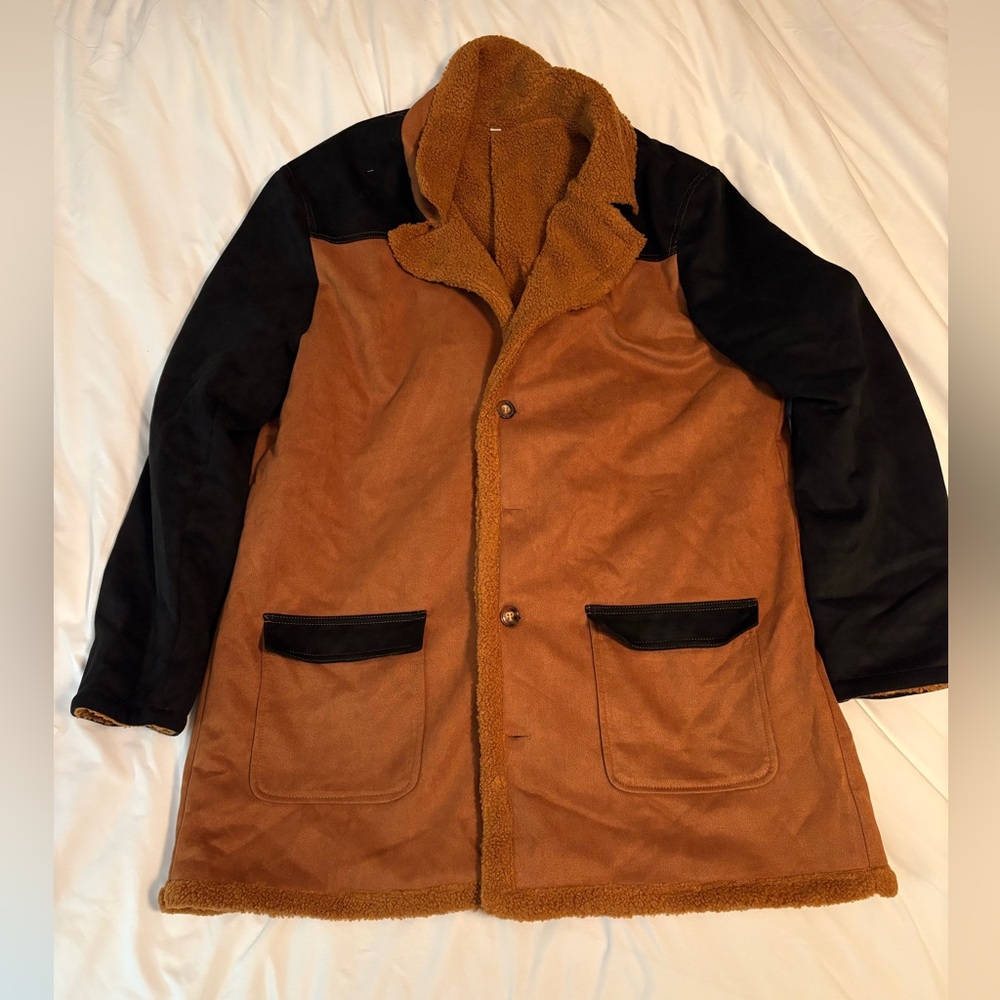 Vintage Faux Suede Pocket Plush Reverse Collar Men Outdoor Jacket Coat Retro Top